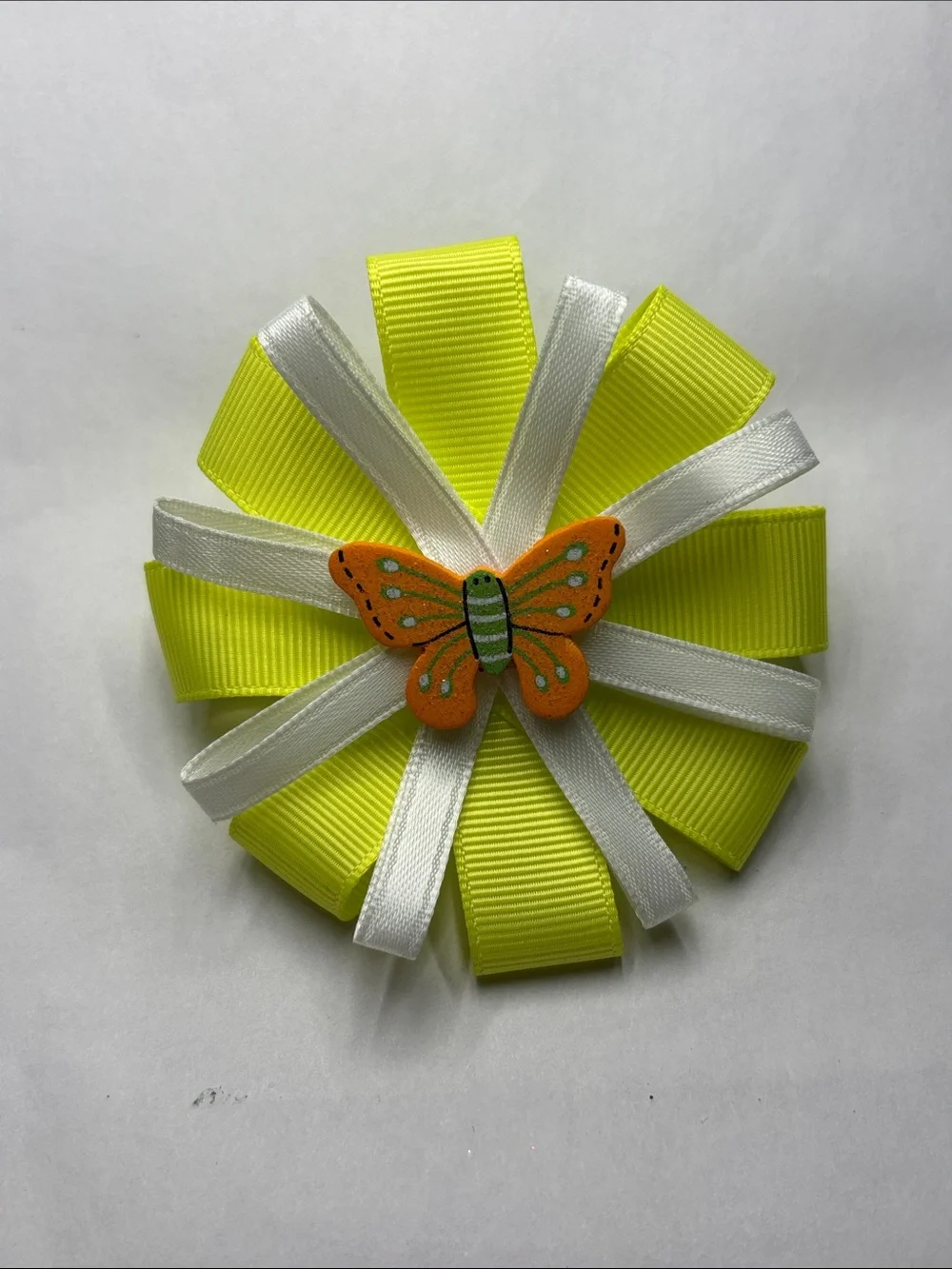 Kids Ribbon Hair Bow with Orange Butterfly - Yellow & White